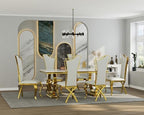 ACEDÉCOR 7 Piece Dining Table Set, Luxury White and Gold Kitchen and Dining Room Set for 6, Metal Circling Base Dining Table Set with White Leather Upholstered Dining Chairs
