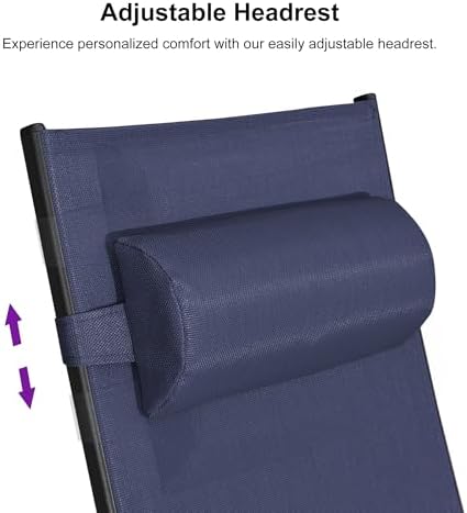 PURPLE LEAF Pool Lounge Chaise Set of 3 Outdoor Lounger Chair, Navy Blue | 2 Chaise + 1 Table, Aluminum Frame, Adjustable Headrest & 5 Recline Angles, Stackable, UV Textilene Fabric, S-Curve Backrest