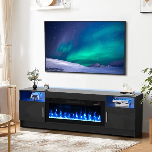 BREEZEHEAT Electric Fireplace TV Stand with 36 inch Fireplace Up to 80" TVs-Led Entertainment Center with High Glossy Doors-70 inch TV Cabinet, Modern Media Console for Living Room(Black)
