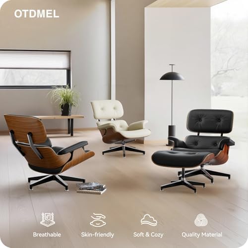 Mid Century Modern Top Grain Leather Chaise Lounge Chair & Ottoman | Modern Classic Recliner with Heavy Duty Base, Fixed Tilting for Living Room, Study, Lounge & Office, Palisander Black