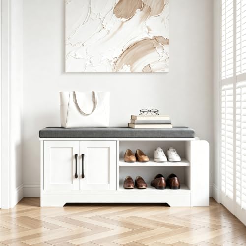 Farmhouse Shoe Storage Bench with 3-in-1 Entryway Storage & Padded Seat | 39.6" Wide Entryway Bench with Adjustable Shelves, Shoe Organizer & Side Storage Rack for Living Room, Bedroom, White