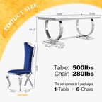 70 in Faux Marble Dining Table Set for 6, Large Kitchen Table and Blue Velvet Chairs, White Silver Modern Dinner Tables with Mirrored Stainless Steel Base, Luxury 7 Piece Dining Set