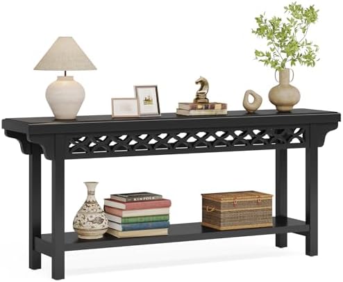 Tribesigns 70.8-Inch Solid Wood Long Console Table, Farmhouse Entryway Table with Storage, Narrow Sofa Table Grey Couch Table for Living Room Entryway Hallway (Black)