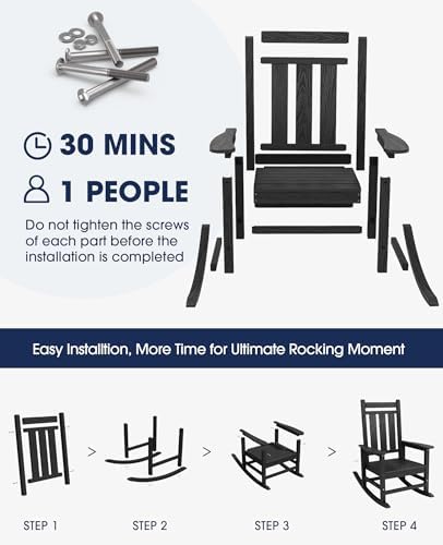 KINGYES Oversized Outdoor Rocking Chair Set of 2, HDPE Patio Rockers, Black | | All-Weather Patio Rocking Chairs for Porch | High Back & Wide Seat for Garden, Lawn