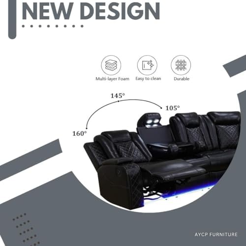 Power Recliner Sofa Sectional Sofa with LED Light for Living Room, Air Leather Reclining Corner Sectional Sofa Set, Cup Holder, Storage Console for Home Theater Seating (Black, Sectional)