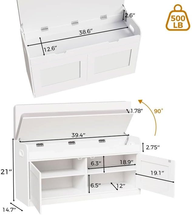 2-Tier Storage Bench, 39.4" Wide Shoe Bench with Lift-Up Top, Shoe Storage Bench with Cushion, Shoe Cabinet with Handleless Doors and Adjustable Shelf for Entryway, Bedroom, White KHD02W