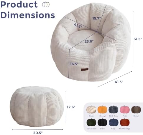 MAXYOYO Bean Bag Chair with Ottoman, Giant Pumpkin Lounge Chair for Adults | Oversized Bean Bag Chair with Footstool, Comfy and Lazy Lounge Chair for Dorm, Living Room, Bedroom, Beige
