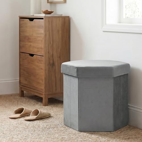 Hexagon Storage Ottoman, 15 Inch Foldable Footstool Charcoal Grey | Soft Velvet Upholstery, Hidden Storage, Compact Footrest, Small Accent Ottoman for Entryway, Living Room and Dorm