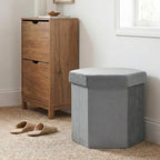 Hexagon Storage Ottoman, 15 Inch Foldable Footstool Charcoal Grey | Soft Velvet Upholstery, Hidden Storage, Compact Footrest, Small Accent Ottoman for Entryway, Living Room and Dorm