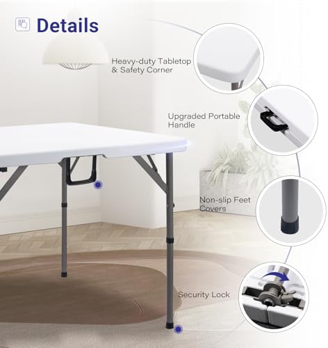 34" Square Folding Card Table,Fold-in-Half Utility Portable Table,White | Heavy Duty HDPE Tabletop,Carrying Handle,Removable Legs with Two Height,Indoor Outdoor for Picnic,Camping,Party,Game