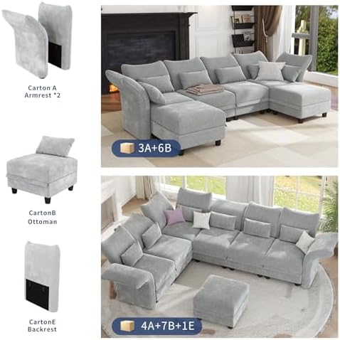 LLappuil Chenille Sectional Sofa Large U Shaped Modular Sofa with Storage Ottoman, 14 Piece Sectioanl Couches for Living Room, Adjustable Arms, Grey