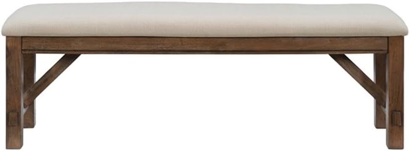 Pemberly Row 60" Wood/Fabric Bench, Rustic Umber Brown Finish, Tan Upholstered Seat, Durable Rubberwood Construction, Transitional Style Bench for Dining Room or Entryway Seating