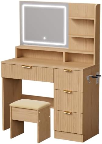 LIVELYGLOW 35.4" Wooden Makeup Vanity Set with Charging Station & Stool | Smart LED Mirror, Fluted Design, Cushioned Stool, Hairdryer Rack