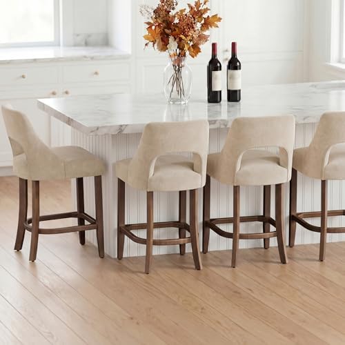 UVV Bar Stools Set of 4, Upholstered Counter Height Bar Stools, Modern Counter Stools with Wood Legs for Kitchen Island Dining Room Bar, Beige