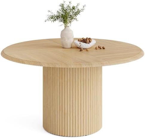 LITTLE TREE 47 Inches Round Dining Table for 4, Farmhouse Natural Wooden Dining Room Table with Heavy Duty Fluted Pedestal, Large Circle Kitchen Dinner Table for Dining Room, Living Room (Table Only)