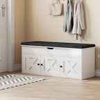 Homleke Shoe Storage Bench with Lift Top & 3 Barn Doors | Entryway Bench with Removable Cushion, Adjustable Shelf & Hidden Storage, for Hallway, Living Room & Bedroom, White