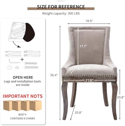 Upholstered Dining Chairs Set of 8, Beige Fabric Kitchen Chair with Nailhead Trim, Farmhouse High Back Kitchen & Dining Room Chairs, Solid Wood Legs, Sillas de Comedor (Beige, 8 Pcs)