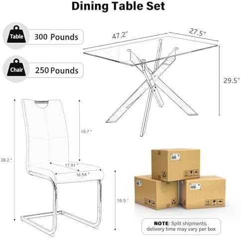 5-Piece Dining Table Set for 4, Modern Rectangular Glass Table with 4 Upholstered Leather Chairs, Space-Saving Dining Room Furniture Table & Chair Sets for Small Spaces & Apartment(White&Gold)