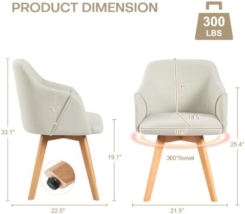 Swivel Dining Chairs Set of 6 with Arms and Wood Legs, Beige | Beech Wood Frame, Linen Fabric Upholstered Kitchen Chairs, Mid Century Modern, 18.5" Widen Seat, For Dining Room, Living Room