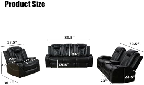 Power Recliner Sofa Set, Black Leather 3 Pieces Sectional Couch, Living Room Furniture Sets with LED Light, Modern Power Reclining Sets with Storage Console/Cup Holder for Living Room