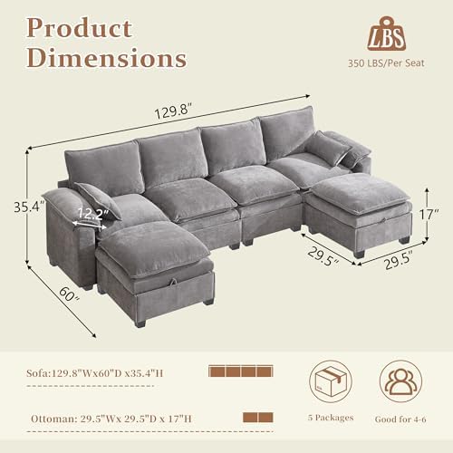 130" Modular Sectional Sofa with Storage, Premium Chenille Cloud Couch with Movable Ottomans, 1200lbs Heavy Duty Deep Seat Sectional, High-Density Foam (Light Gray, 4 Seater & 2 Ottoman)