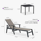 PURPLE LEAF Outdoor Chaise Lounge Chairs Set of 2 Aluminum Frame, Taupe | Textilene quick dry & durable, Powder coat for anti-rust, Armrests added comfort, Built-in Side Table, 5 Adjustable position