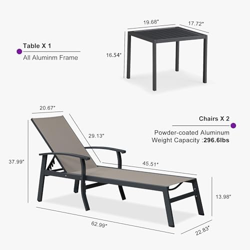 PURPLE LEAF Outdoor Chaise Lounge Chairs Set of 2 Aluminum Frame, Taupe | Textilene quick dry & durable, Powder coat for anti-rust, Armrests added comfort, Built-in Side Table, 5 Adjustable position