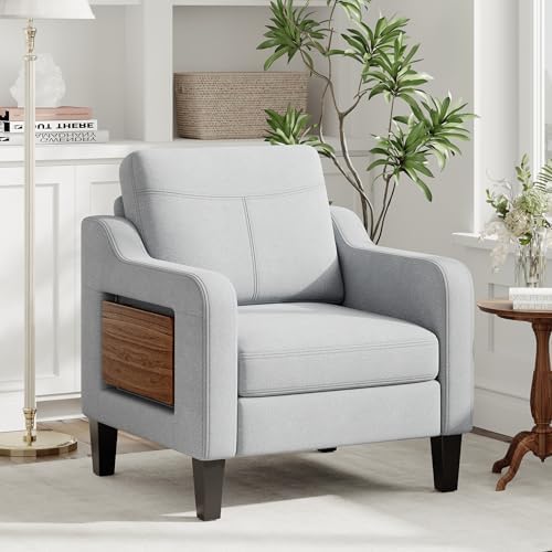 Upholstered Accent Chair with Foldable Side Table for Living Room | 2 Side Pockets, Modern Linen Armchair Wooden Fabric Chairs for Living Room, Comfy Reading for Bedroom/Office
