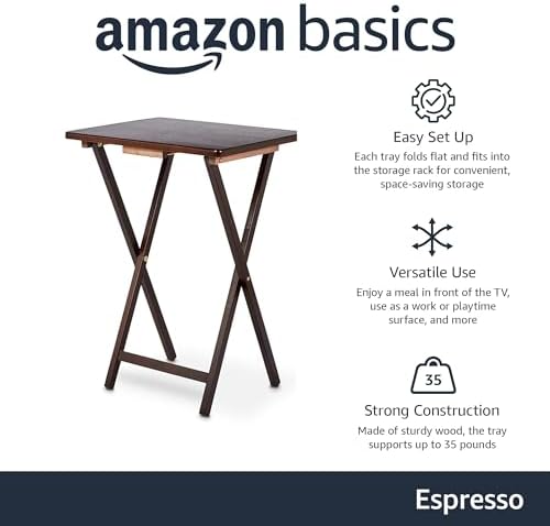 Amazon Basics Portable Foldable TV Tray Table with Storage Rack, Space-Saving Design, Sturdy Wood, 14.6" L x 19" W x 26" H, Espresso, 4-Pack