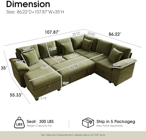 107.8" Modular Sectional Sleeper Sofa with Pull Out Bed, U Shaped 7 Seat Couch with 221L Storage, Convertible Cloud Couch Bed with Ottoman, Sectional Couches for Living Room, Apartment (Green)