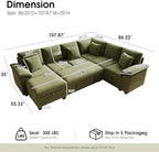 107.8" Modular Sectional Sleeper Sofa with Pull Out Bed, U Shaped 7 Seat Couch with 221L Storage, Convertible Cloud Couch Bed with Ottoman, Sectional Couches for Living Room, Apartment (Green)