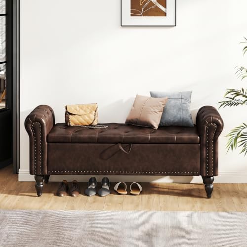 Furniliving 51” End of Bed Storage Bench, Bedroom Bench with Button-Tufted, Upholstered Storage Ottoman Benches Window Bench with Storage, Leather Bench for Living Room, Entryway, PU, BlackBrown