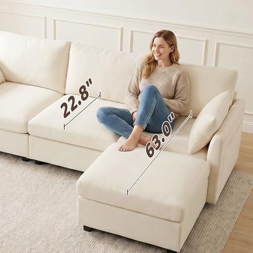 Iroomy Sectional Cloud Couch for Living Room, Spring Cushion Seating, L Shaped Convertible Modular Sofa with Ottoman, Beige