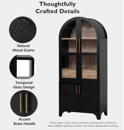 Arched Kitchen Pantry Cabinet, 71" Tall, Farmhouse Style, with Glass Door, Hidden Drawer, Open and Adjustable Shelves, for Kitchen, Dining Room