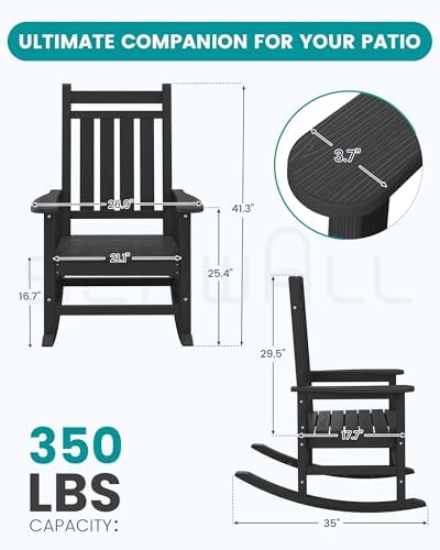 SERWALL Outdoor Rocking Chair Set of 4, HDPE Rocker for Adults, Black | 21.1" Widened Seat adds Extra Comfort, Oversized Rocking Chair for Adults, All Weather Porch Rocker for Lawn Garden