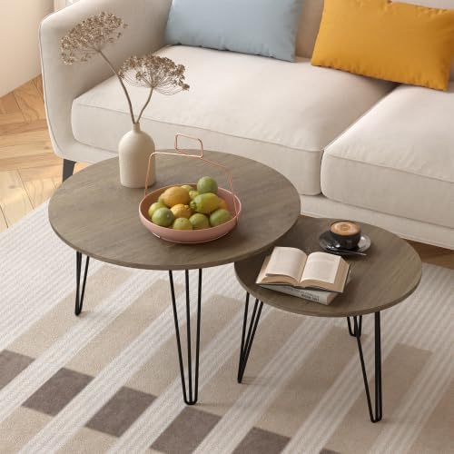 Round Nesting Coffee Tables Set of 2, Marble Grain Top Modern Side Tables | Modern Nesting Coffee Tables, Circular Marble Effect Tabletop Stackable End Tables, Hairpin Leg Side Table for Home Decor