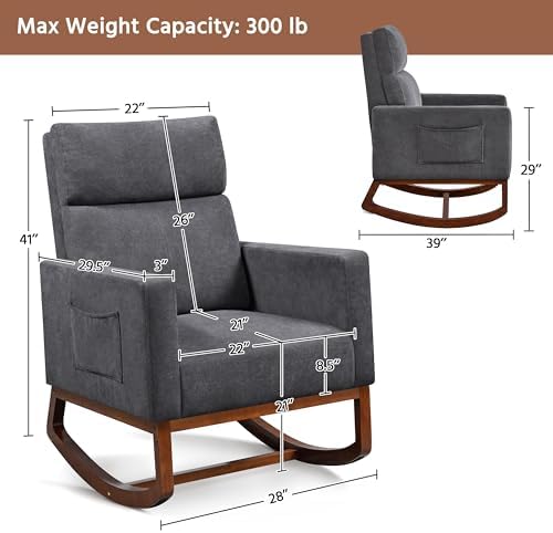 Yaheetech 28in Wide Padded High Back Glider Rocking Chair, Gray Polyester | High Back Nursing Chair with Side Pockets, Thick Foam Glider Chair, Rubberwood Base, Leisure Rocker for Living Room Bedroom