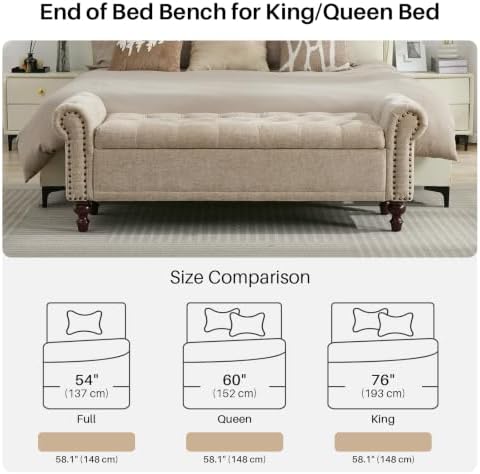 SOFTHION 58.1" Storage Bench for Bedroom, Chenille Cushion, Light Brown | End of Bedroom Bed Bench Ottoman with Tufted Cushioned Rolled Arm Large Storage Space for Reading/Living Room/Entryway