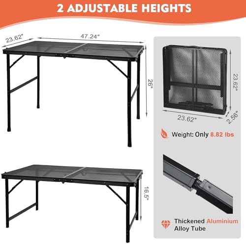 GREGIN Folding Camping Grill Table, Outdoor Metal Table. Foldable, Portable | Lightweight, Height Adjustable Camp Table with Mesh Desktop for Grilling, Cooking, BBQ, Griddle, Patio, Picnic-4 ft Black