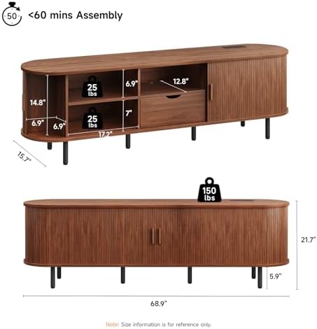 ONBRILL 69" TV Stand with Power Outlet for TVs up to 80", Walnut | Entertainment Center with Storage and Drawer TV Console w/ Adjustable Shelves & Sliding Door TV Stand for Living Room Bedroom