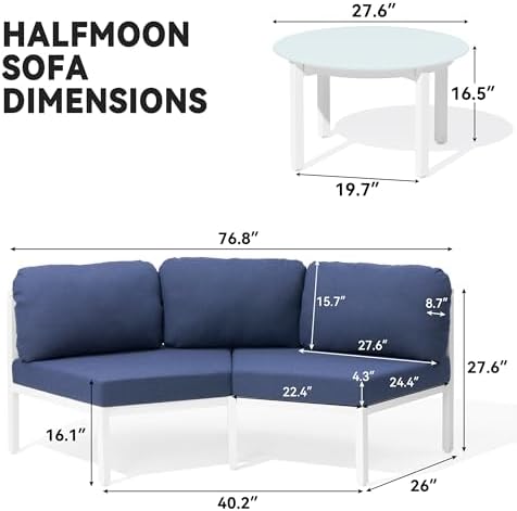 Crestlive Curved Patio Furniture Set, Modular Half Moon 6-Seater Sofa with Round Coffee Table, Aluminum Outdoor Sectional with 4.3" Cushions, All-Weather Couch for Backyard, Deck, Porch, Poolside