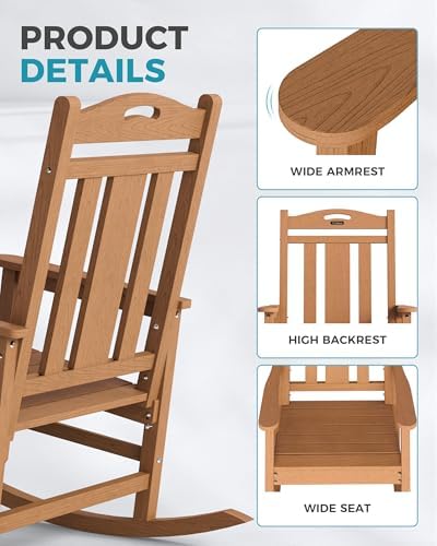 Ciokea Oversized Outdoor Rocking Chairs Set of 2, 380lbs Heavy-Duty Large Patio Rocker, High Back Cozy Porch Chairs, Weather Resistant Patio Rocking Chairs for Outside, Fire Pit, Deck, Teak