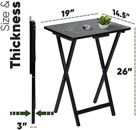 PJ Wood - Folding TV Tray Table Set of 2 - Black Collapsible Snack Tables | Solid Rubberwood Construction, Fully Assembled, 19.09 x 14.57 x 25.98 in, Cross Base Glide Feet, Storage Rack Included, 5 lb