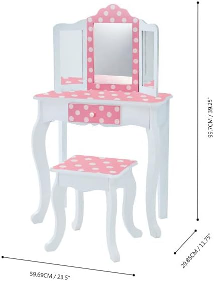 Teamson Kids Princess Gisele Polka Dot Print 2-Piece Kids Wooden Play Vanity Set with Vanity Table, Tri-Fold Mirror, Storage Drawer, and Matching Stool, White with White/Pink Polka Dot Accent