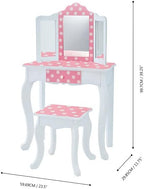 Teamson Kids Princess Gisele Polka Dot Print 2-Piece Kids Wooden Play Vanity Set with Vanity Table, Tri-Fold Mirror, Storage Drawer, and Matching Stool, White with White/Pink Polka Dot Accent