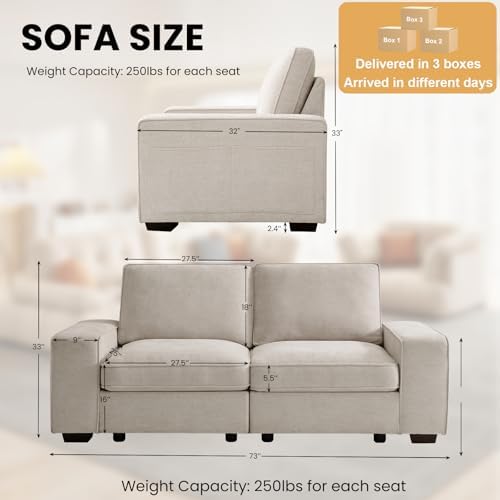 TEKAMON 73" Loveseat Sofa with Seat Storage, 2-Seater Modular Sofa Couch for Living Room, Chenille Fabric, Solid Wood Frame, Spring Cushions, USB Charging, Removable Covers, Side Pockets, Beige