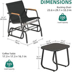YITAHOME 3 Piece Patio Glider Set Textilene Gliders Outdoor Furniture Black | Heavy-duty Patio Glider Set w/Breathable Fabric, Smooth Gliding, Wooden Armrest, Tempered Glass Table, Easy Assembly Cleaning