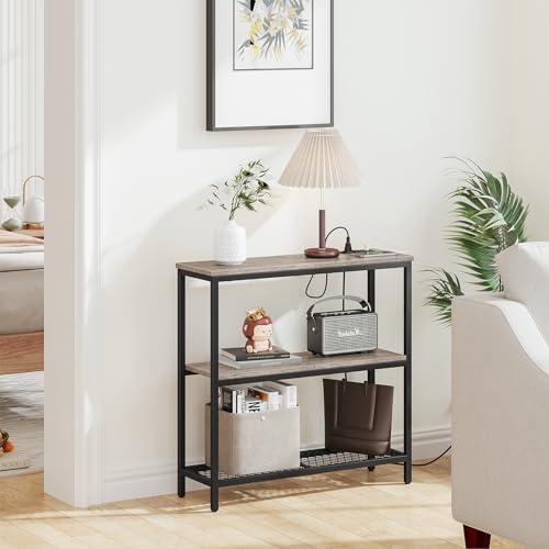 Snughome 3 Tier Narrow 29.5" Console Table with Power Outlets (Grey) | Thin Sofa Side Display Table, Small Entryway Table with 2 USB, 2 Power Outlets, Behind Couch Table, for Living Room, Hallway