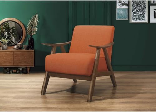 Lexicon Mid Century Modern Accent Chair with Solid Wood Frame in Walnut Finish, Upholstered Living Room Lounge Arm Chair, Thick and Comfy Innerspring Seat Cushion, Linen-Look Fabric, Orange