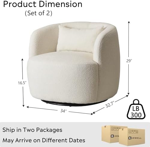 KINWELL 34" W Sherpa Swivel Barrel Chairs with Pillow Set of 2, Cream